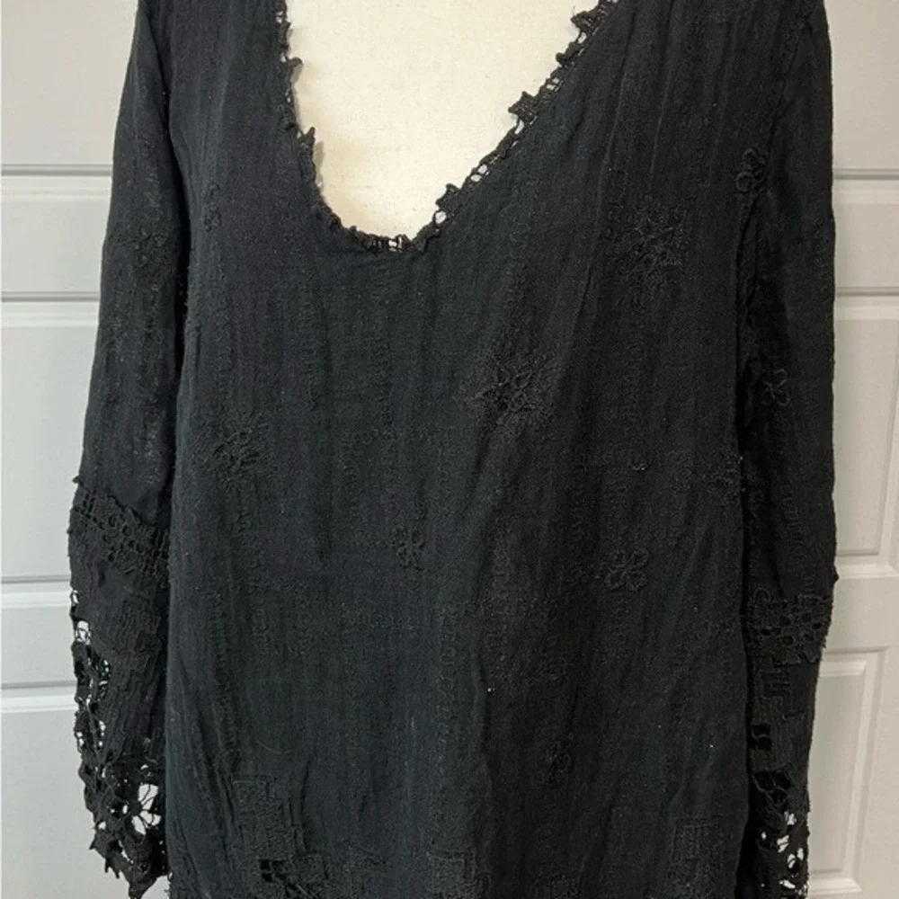 Soft Surrounding Black Embroidered Tunic Crochet Lace Trim Long Sleeve Boho‎ XL